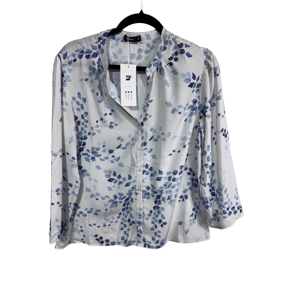 Hekka Women's Blue Floral Sheer Button Front‎ Blouse Long Sleeve Size M - Picture 3 of 8